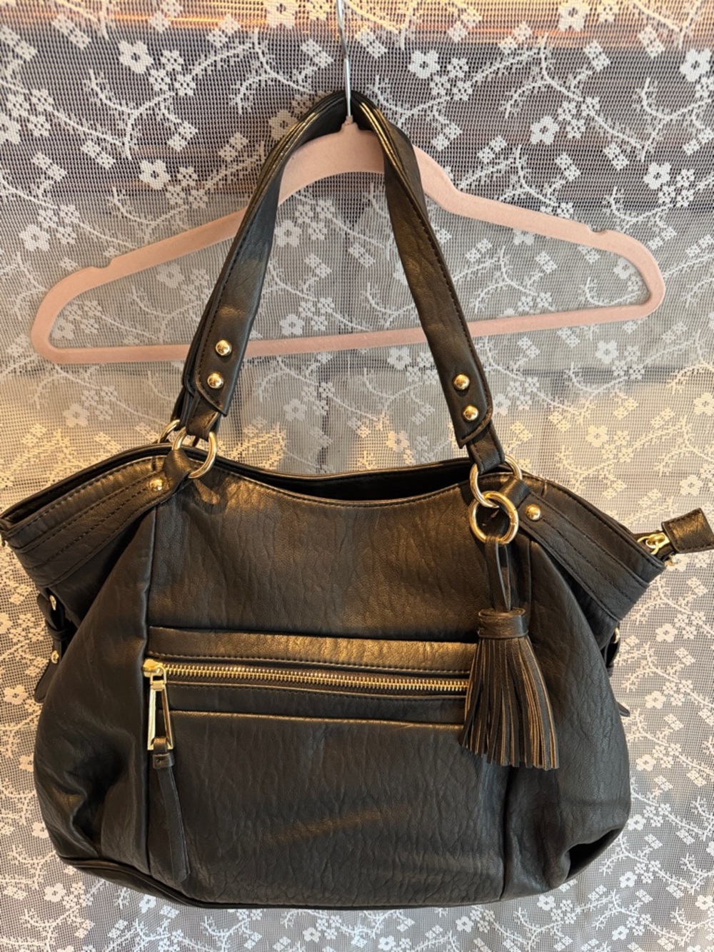 Jessica Simpson Black Shoulder Bag with Tassel and Gold Hardware